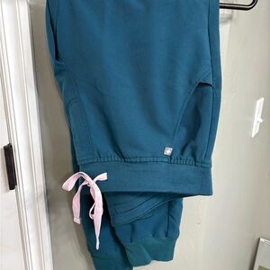 Figs womens Teal Joggers with Pink Ties